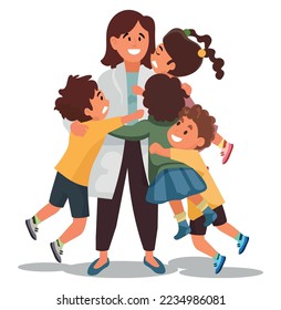 Happy teachers day concept. Young smiling woman teacher cartoon character standing and embracing smiling children pupils vector illustration in classroom or outdoors.