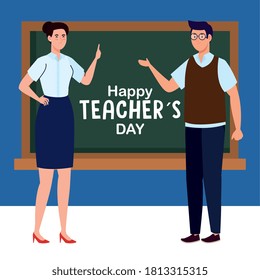 happy teachers day, and couple teachers and chalkboard vector illustration design