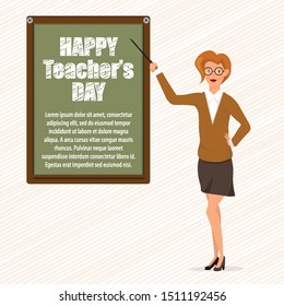 Happy Teacher's Day. Cute template concept for greeting card, flyer, poster, banner. Simple blackboard with holiday message near elegantly dressed young female teacher on top of warm background.