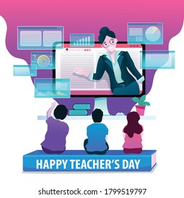 Happy Teacher's Day, Digital Lifecycle concept. Students learning from teacher in a digital format.