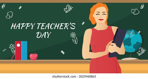 Happy Teacher's Day. Flat teachers' day horizontal banner. Greeting card vector. A happy teacher holding a book in front of a chalkboard.