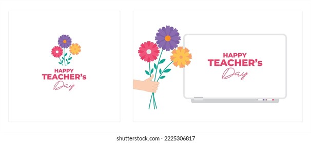 Happy teachers day. Flowers on a chalkboard, hand holding colored flowers.