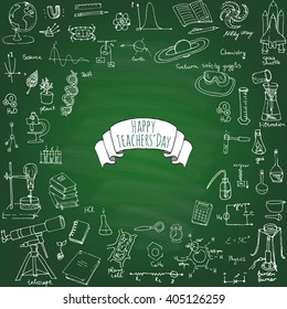 Happy Teachers Day Freehand drawing school items Science theme Hand drawing set of school supplies Sketch Doodle vector illustration Science, physics, calculus, chemistry, biology, astronomy