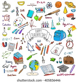 Happy Teachers Day Freehand drawing school items Back to School Hand drawing set of school supplies sketchy doodles vector illustration doodles, science, physics, calculus, oral exam, history, biology