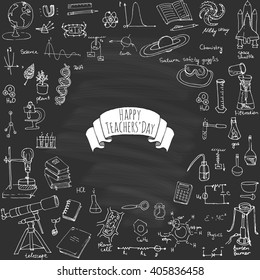 Happy Teachers Day Freehand drawing school items Science theme Hand drawing set of school supplies Sketch Doodle vector illustration Science, physics, calculus, chemistry, biology, astronomy