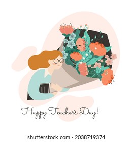 Feliz día de los profesores. Las profesoras abraza un enorme ramo de flores. Libro de texto en mano. Joven profesor sonriente de buen humor. Caricatura vectorial con la inscripción y felicitaciones.