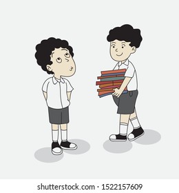 Happy Teacher's Day. A good student carries a pile of books and invites his friend to help him. Techniques of Paintbrush Tool Vector