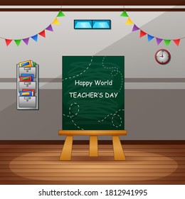 Happy Teachers Day with green chalkboard on classroom