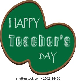 Happy teacher's day greeting banner, postcard template. Green Chalkboard in brown frame with white chalk lettering. Sketch style.