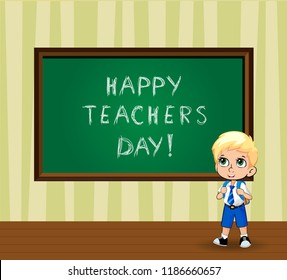 Happy teachers day greeting card with cute cartoon school boy wearing uniform with backpack near chalckboard in classroom. Vector illustration of kawaii pupil, student kid character, banner, postcard