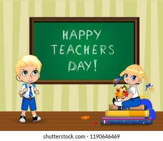 Happy teachers day greeting card with cute cartoon school girl sitting on books pile and schoolboy near blackboard in classroom. Vector illustration of kawaii pupils, student kids characters, postcard