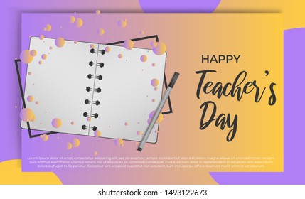 Happy Teacher's day greeting card template. Blocknote and pen on color gradient background with lettering. Design for congratulation poster, banners, landing page or flyer. Vector school illustration.