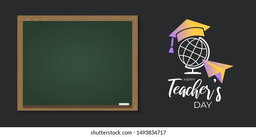 Happy Teacher's day greeting card. Handdrawn elements with paper plane, globe, graduation cap and empty blackboard mock up. Design for graduate poster, banners or flyer. Vector school illustration