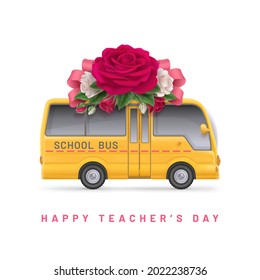 Happy Teacher's day greeting card with red rose and bow on roof of toy school bus. Vector illustration