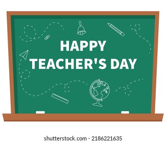 Happy teacher's day greeting card with school supplies. Design for greeting card, poster or website. School and learning concept. Cute vector illustration in flat cartoon style.