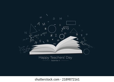 Happy teacher's day greeting card  Celebrating Teacher's Day and icon set paper  book  pencil  heart shape  post card  light bulb  hat  smiley  aero plane  umbrella etc 