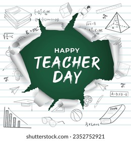 Happy teacher's day greeting card in torn paper style with school tools doodle