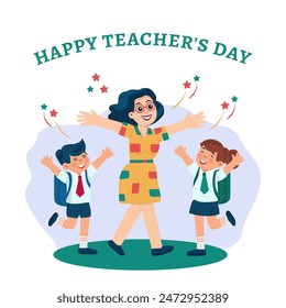 Feliz Día del Maestro. Tarjeta de felicitación. Un profesor feliz y sus alumnos. Educación de los niños, aprendizaje.  Ilustración vectorial dibujada a mano Se puede utilizar en Diseño web, medios sociales, tarjetas de felicitación, impresión