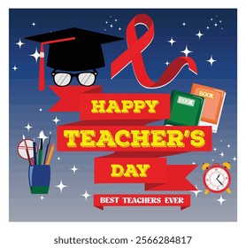 Happy Teacher's Day greeting card featuring bright decorations, books, glasses, ringing clocks, toga hat, ribbons and celebratory text honoring educators. Flat vector modern illustration 