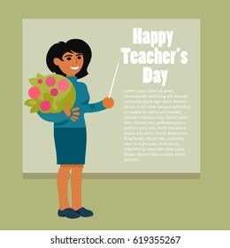 Happy Teacher's Day. Greeting card with place for text. Young beautiful woman is  standing with flowers near school board smiling and pointing to the text. Cartoon style isolated vector illustration. 