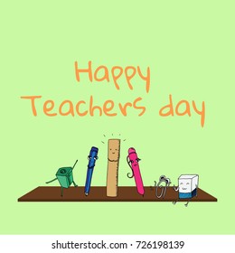 Happy Teacher's day. Greeting card. Stationery appliances. Vector illustration