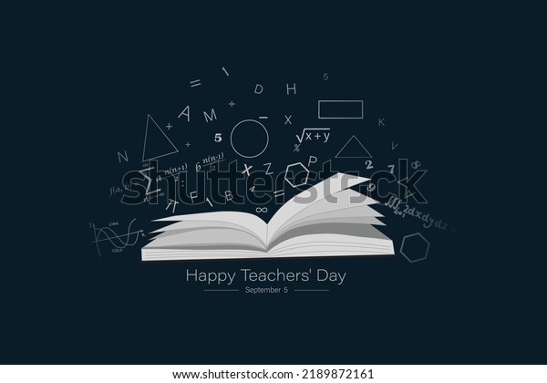 Happy teacher\'s\
day greeting card. Celebrating Teacher\'s Day with icon set of\
paper, book, pencil, heart shape, post card, light bulb, hat,\
smiley, aero plane, umbrella\
etc.