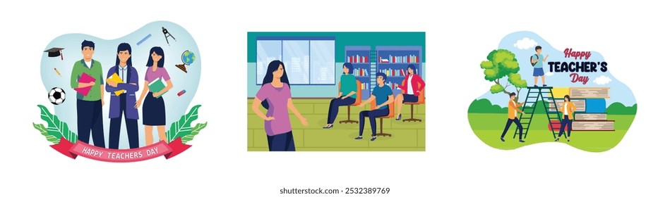 Happy Teacher's Day with the group of teachers. Portrait of smiling female teacher standing with hands on hips amidst students in class. happy teachers day. Set flat vector modern illustration