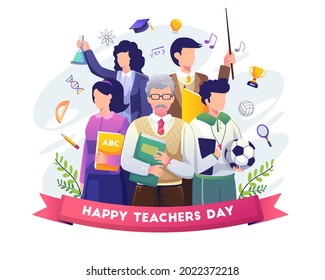 Счастливый День учителя с группой учителей из разных областей собирается в день учителя. Плоская векторная иллюстрация
