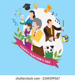 Happy Teacher's Day mit einer Gruppe von Lehrern aus verschiedenen Bereichen isometrische 3D Vektorgrafik Konzept