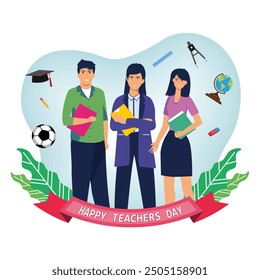 Happy Teacher's Day with a group of teachers from various fields gathered on Teacher's Day. flat vector modern illustration 