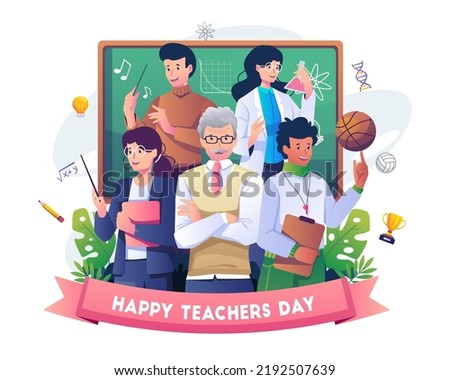 Happy Teacher's Day with A group of teachers from various subjects gathers on teacher's day. Vector illustration in flat style
