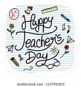 Happy Teacher's Day Hand drawn doodle style with books sheet background.