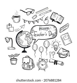 Happy Teacher's Day. Hand Drawn Doodle Style Education and Teachers Day Concept  Design elements. Retro Style School Vector elements. Can be used as card or banner template. All Objects Are Isolated