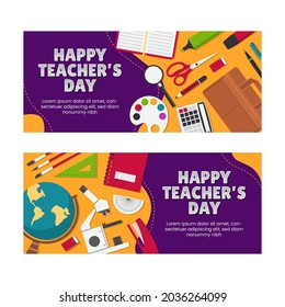 Happy teacher's day horizontal banners set with school equipment
