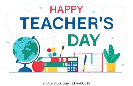 Happy teacher's day illustration with school supplies. Design for greeting card or website. Vector illustration
