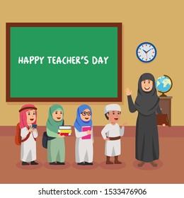 Happy teachers day illustration teacher and student arabian cartoon