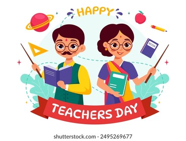 Happy Teachers Day in India Vector Illustration featuring Teacher Wearing Traditional Clothes and School Equipment in a Flat Cartoon Background
