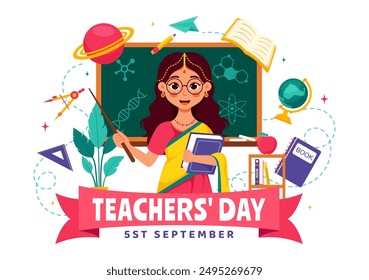 Happy Teachers Day in India Vector Illustration featuring Teacher Wearing Traditional Clothes and School Equipment in a Flat Cartoon Background