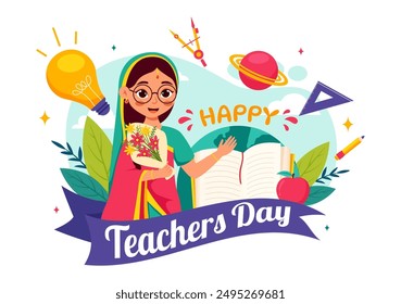 Happy Teachers Day in India Vector Illustration featuring Teacher Wearing Traditional Clothes and School Equipment in a Flat Cartoon Background