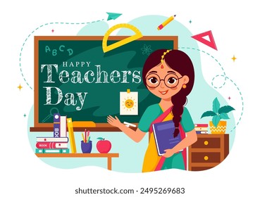 Happy Teachers Day in India Vector Illustration featuring Teacher Wearing Traditional Clothes and School Equipment in a Flat Cartoon Background