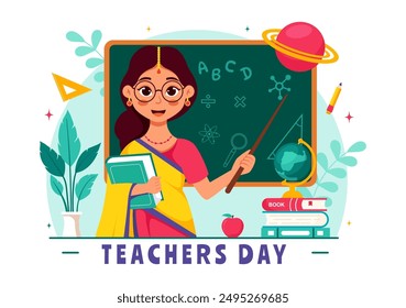 Happy Teachers Day in India Vector Illustration featuring Teacher Wearing Traditional Clothes and School Equipment in a Flat Cartoon Background