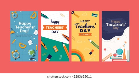 happy teachers day instagram stories with school equipment. vector illustration.