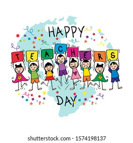 Happy Teachers Day Kids Holding Posters Stock Vector (Royalty Free ...