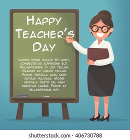 Happy Teacher's Day. A kind teacher stands at the blackboard