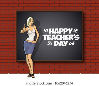 Happy Teacher's Day. Kind woman teacher stands blackboard. Teacher greeting card World teacher's day concept school student girl learning education graphic freehand illustration icon black chalkboard