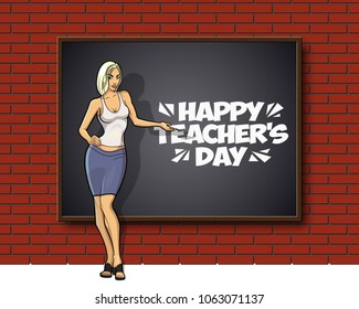 Happy Teacher's Day. Kind woman teacher stands blackboard. Teacher greeting card World teacher's day concept school student girl learning education graphic freehand illustration icon black chalkboard