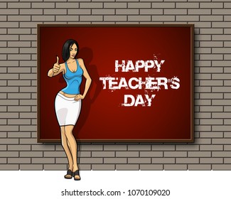 Happy Teacher's Day. Kind woman teacher stands blackboard. Teacher greeting card World teacher's day concept school student girl learning education graphic freehand illustration icon black chalkboard