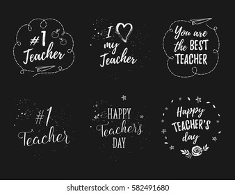 Happy Teacher's Day labels, greeting cards, posters set. Vector quote I love my Teacher, You are the best Teacher on a white background with hearts, stars, flowers, airplane.