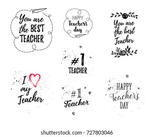Happy Teacher's Day labels, greeting cards, posters set. Vector quote I love my Teacher, You are the best Teacher on a white background with hearts, stars, flowers, airplane.
