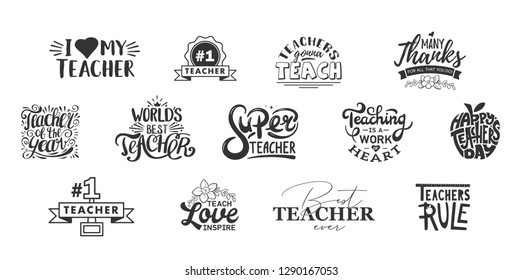 Happy teachers day lettering and typography quote. World best teacher badges for gift, design holiday cards and print. Vector school gratitude labels. Thank you photo overlays illustration